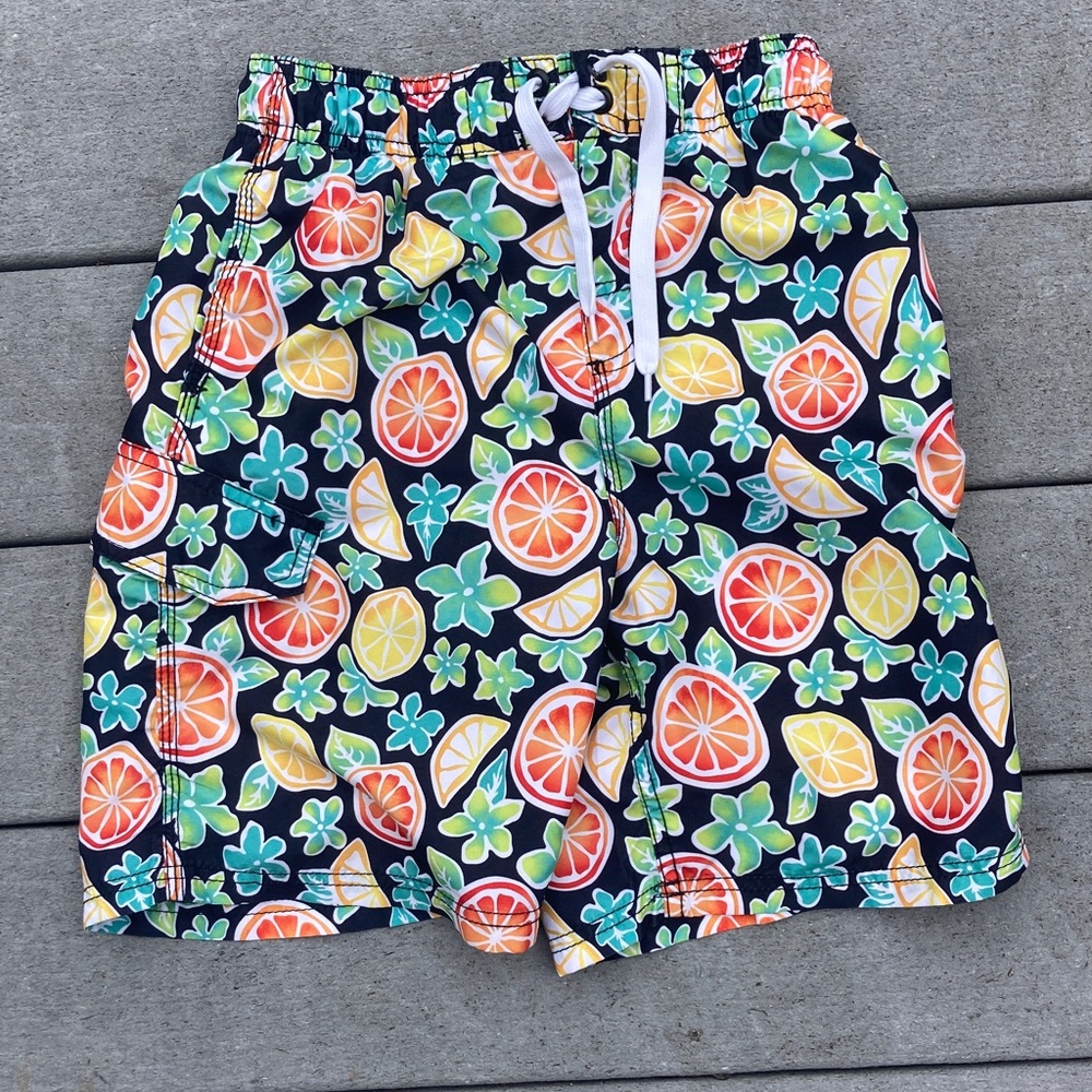 Kanu Surf Kids Swim Trunks - Navy with Citrus pattern size 10/12
